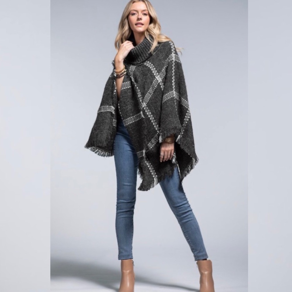Plaid Poncho Turtleneck Windowpane Print With Fringe Frayed Hem  NWT